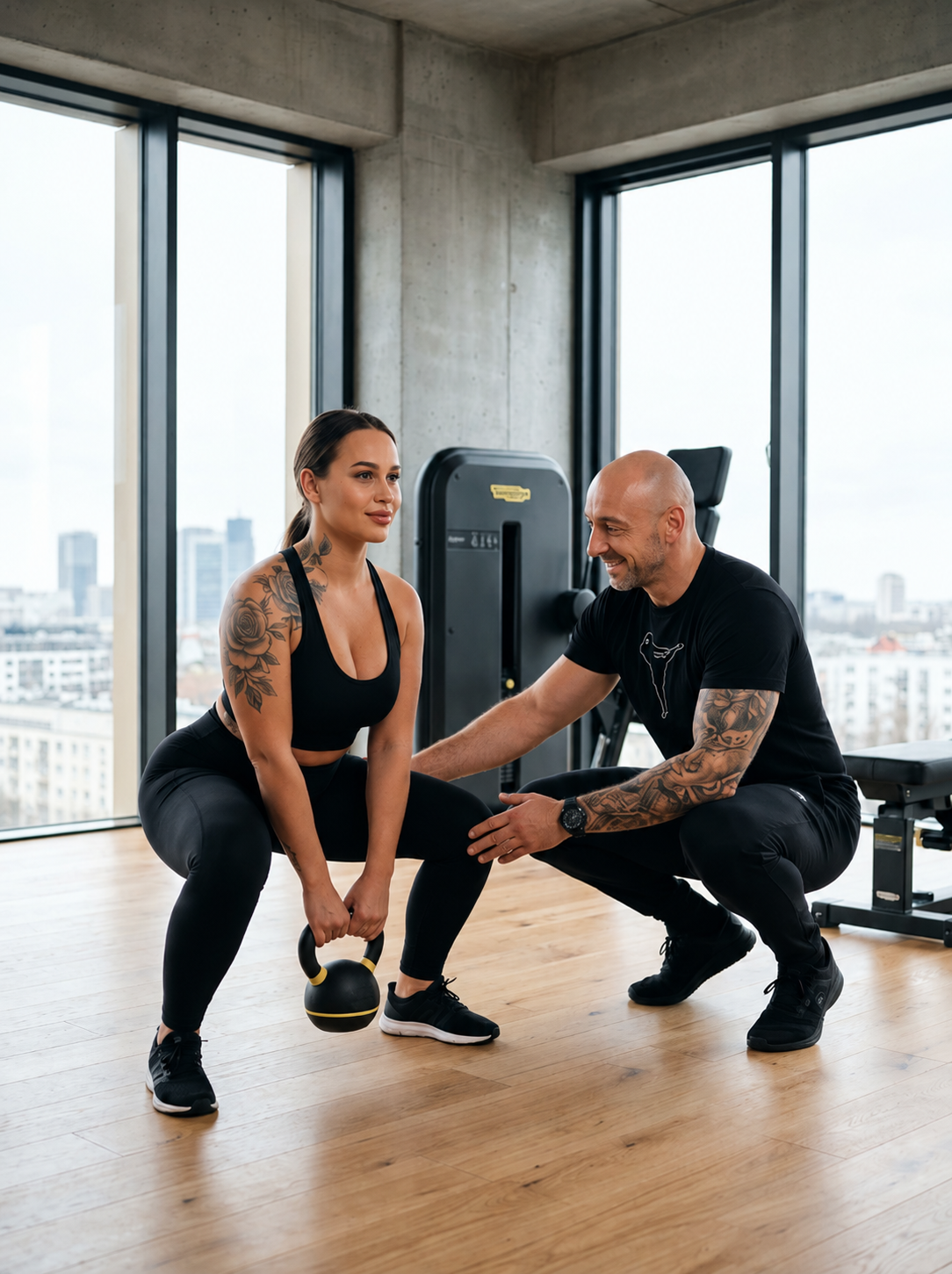 Klientka wykonuje przysiad z kettlebell pod nadzorem trenera