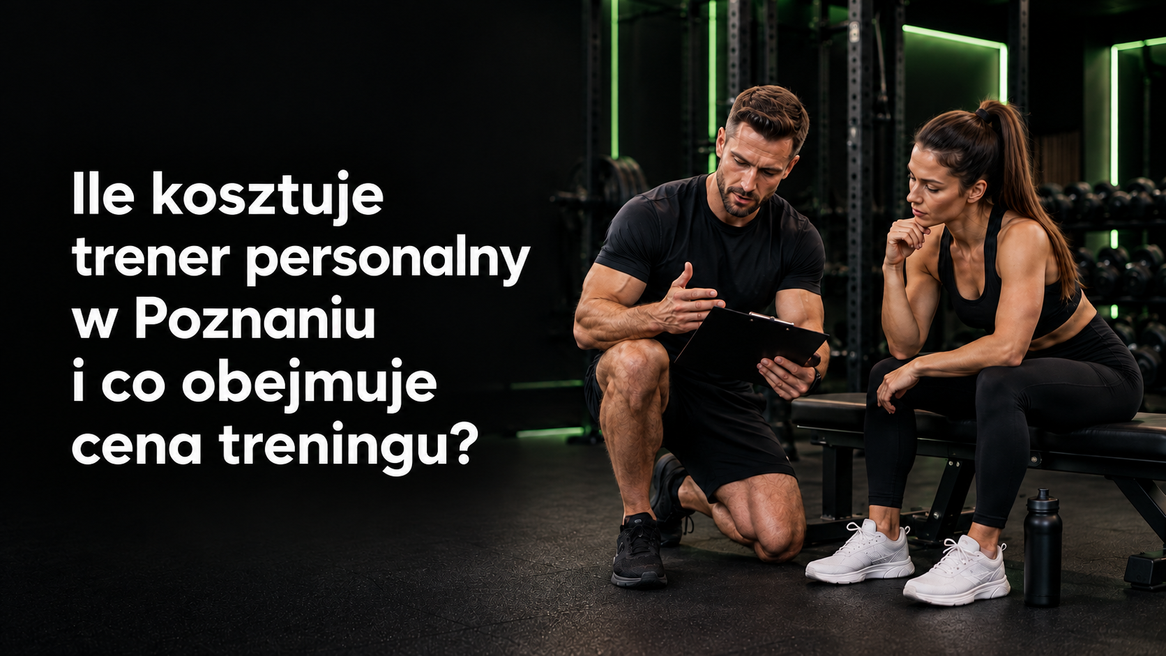 Trener personalny omawia plan treningu z klientką w studiu treningowym — ilustracja artykułu o cenach treningu personalnego w Poznaniu.