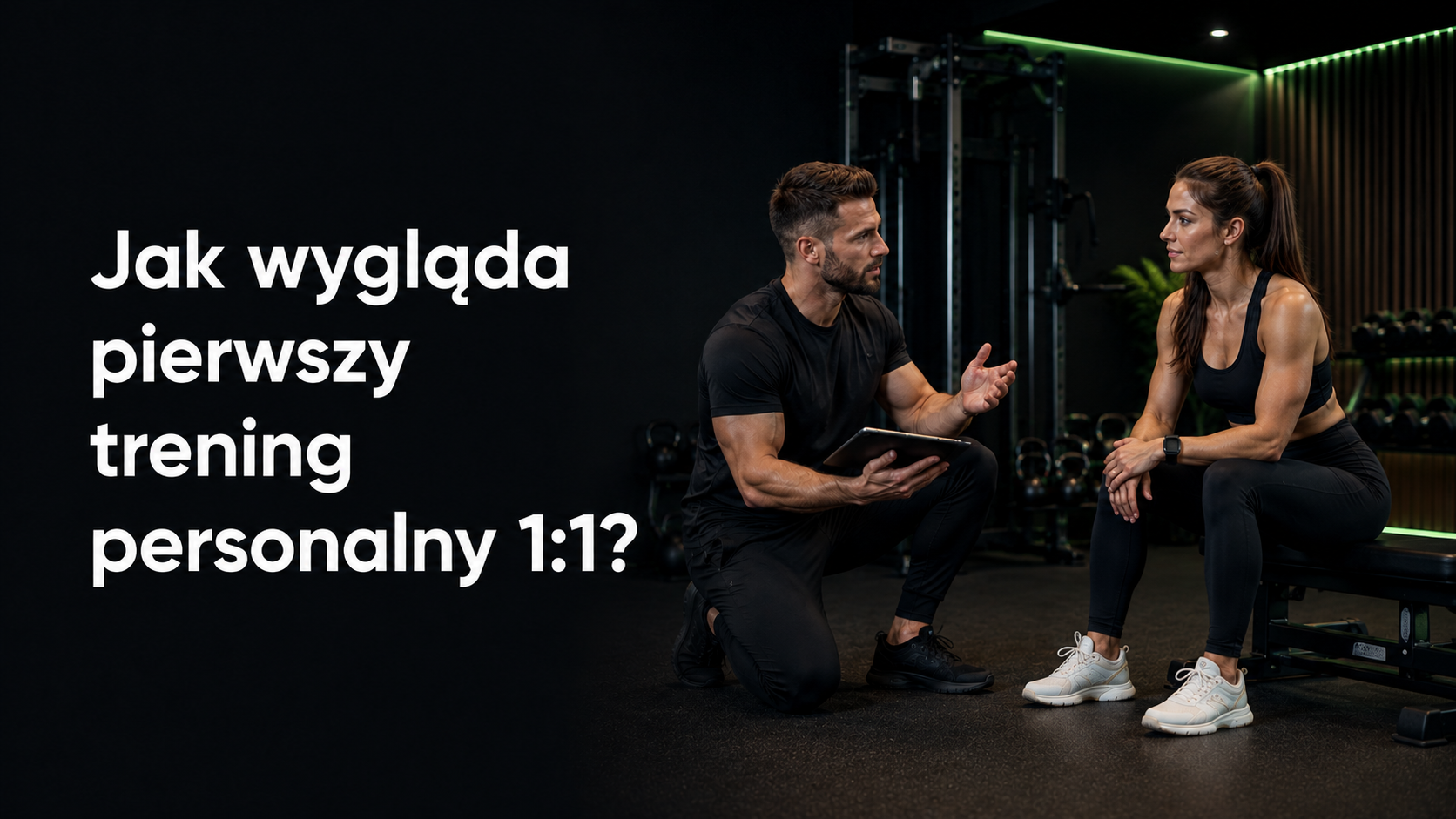 Trener personalny prowadzący rozmowę z klientką podczas pierwszego treningu personalnego 1 na 1