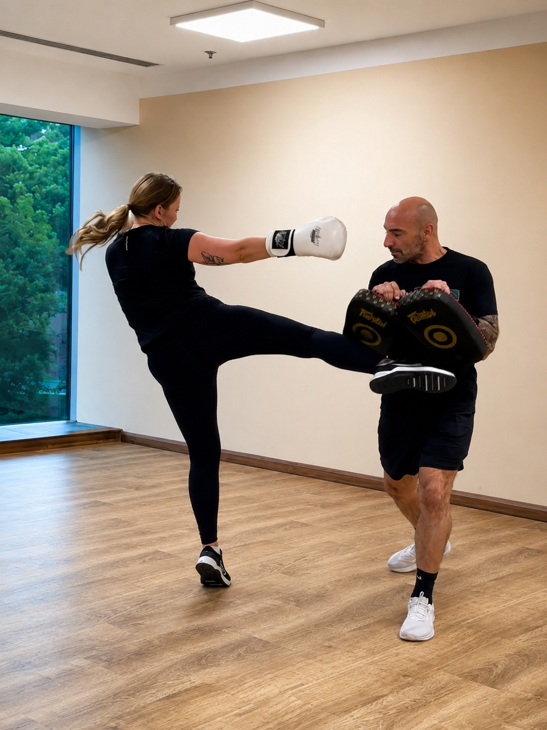 Zawodniczka wykonująca kopnięcie na tarcze podczas treningu kickboxingu