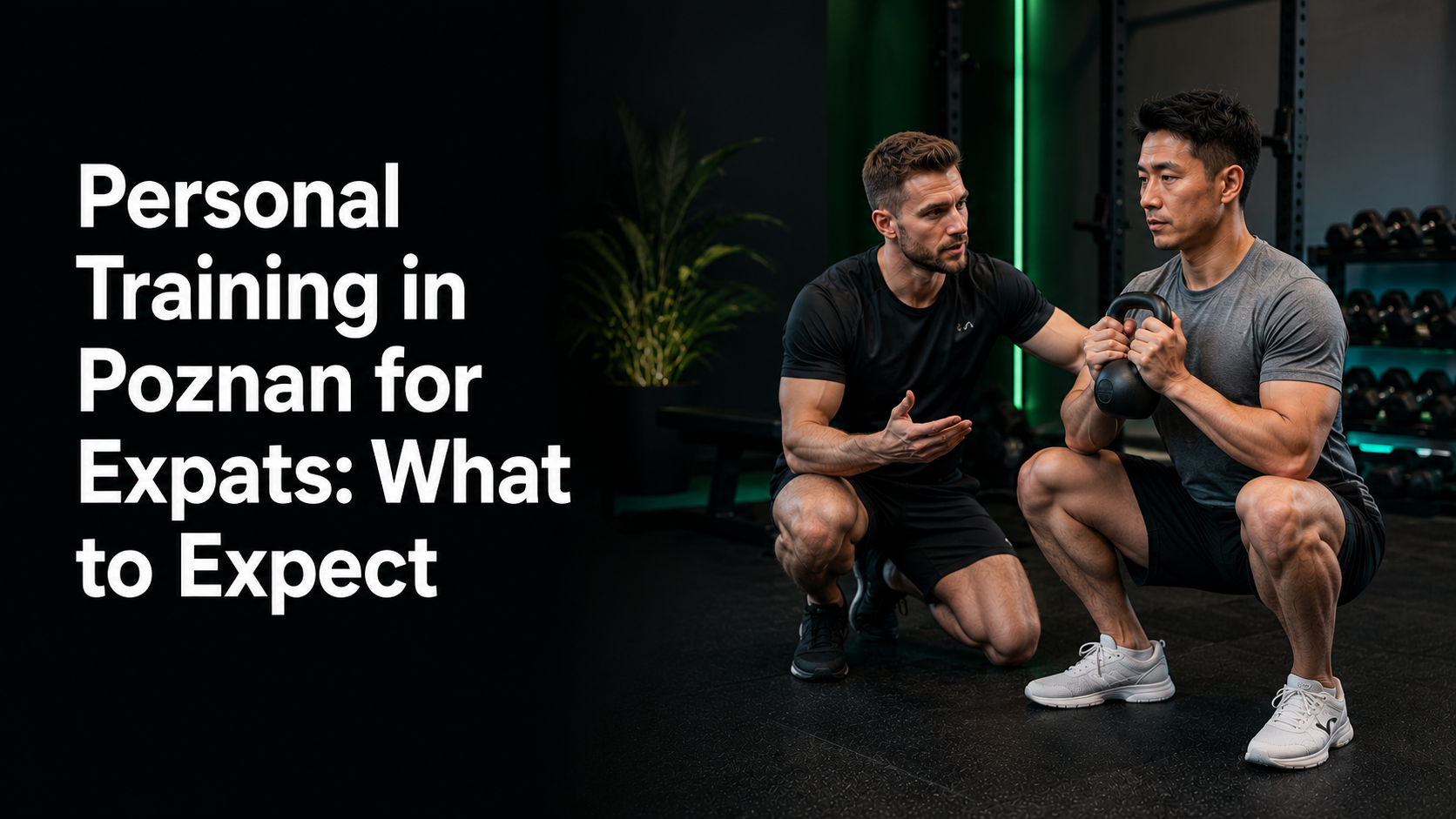 Personal trainer coaching an English speaking client during a kettlebell exercise in a private studio in Poznan
